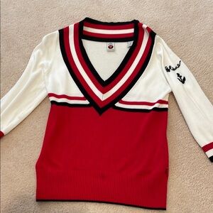 Scotch and Soda Red and White V-Neck Sweater with Sporty Stripes